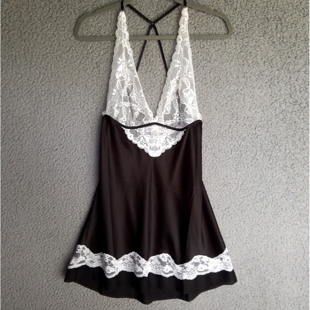Jezebel Halter Open Back Slip Dress Sheer Lace Chemise Lingerie Nightie Womens M